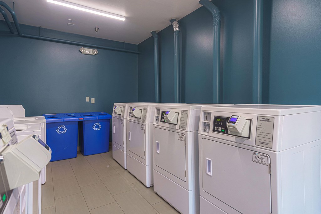 a row of washers and dryers in a laundry room